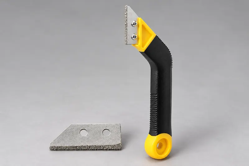 Grout remover with black and yellow handle beside a spare carbide blade