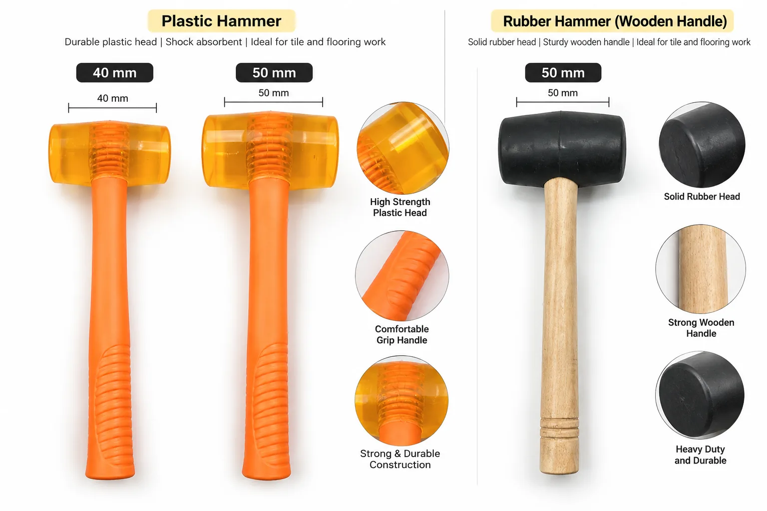 Plastic hammers in 40 mm and 50 mm and a 50 mm rubber hammer with wooden handle