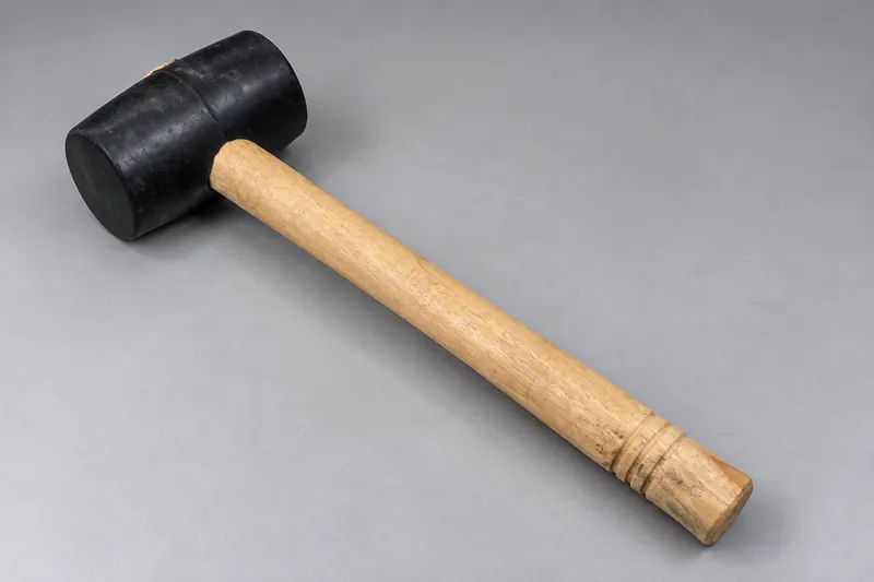 Rubber hammer with black rubber head and wooden handle