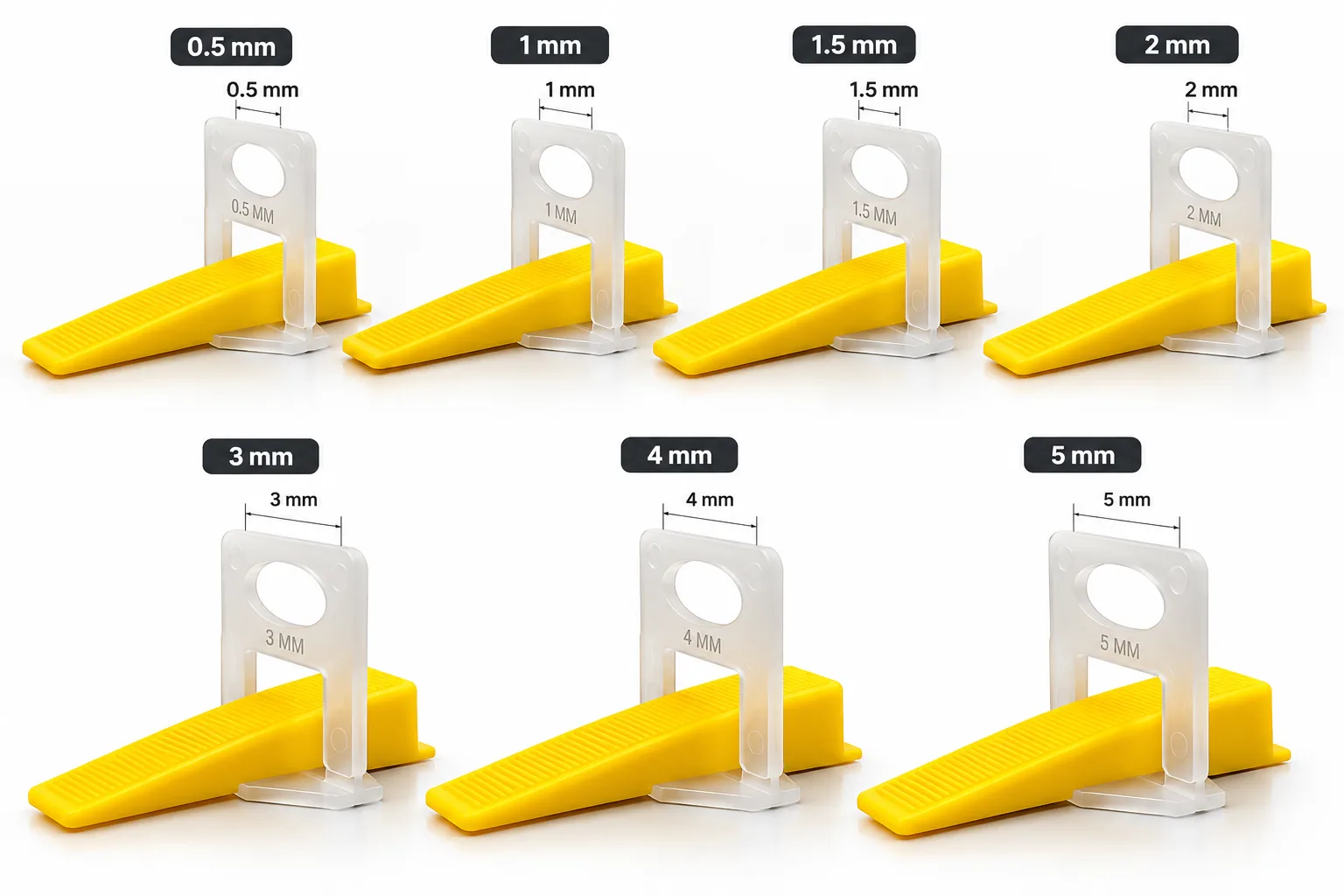 Tile leveling clips with wedges in sizes 0.5, 1, 1.5, 2, 3, 4 and 5 mm