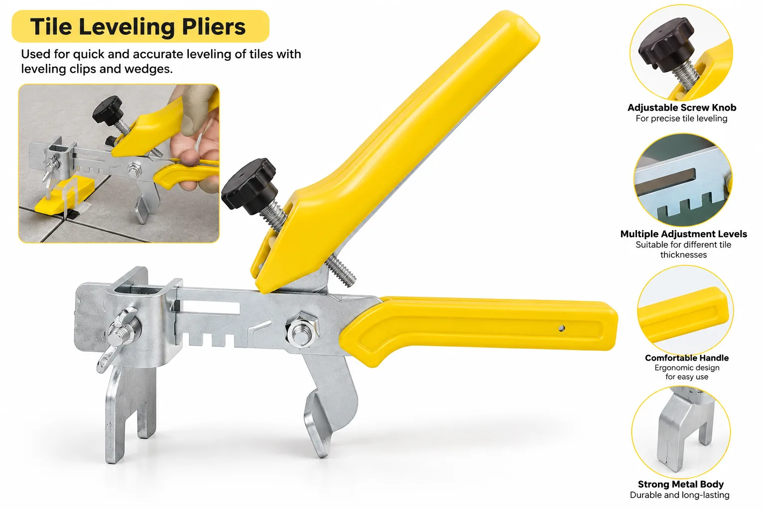 Tile leveling pliers with callouts for screw knob, adjustment levels, handle and metal body