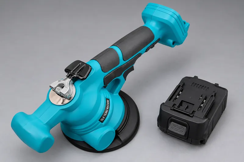 Turquoise cordless tile vibrator machine beside its battery