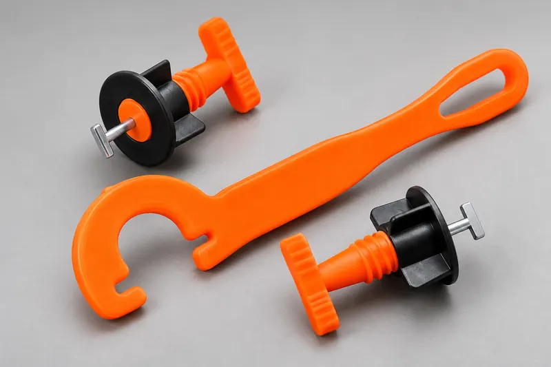 Two orange jack leveling units with black bases and steel T-bolts, beside an orange hook tool